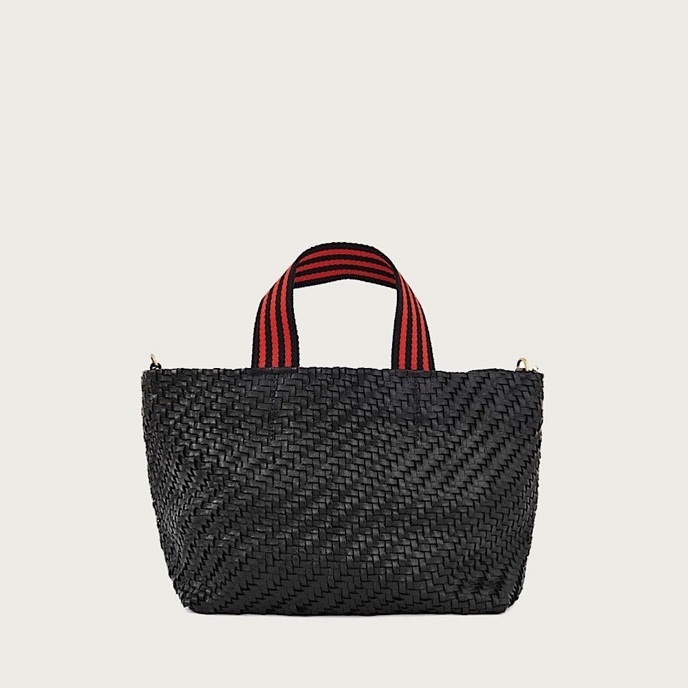 Clare V Black Woven Tote with Red-Striped Handles